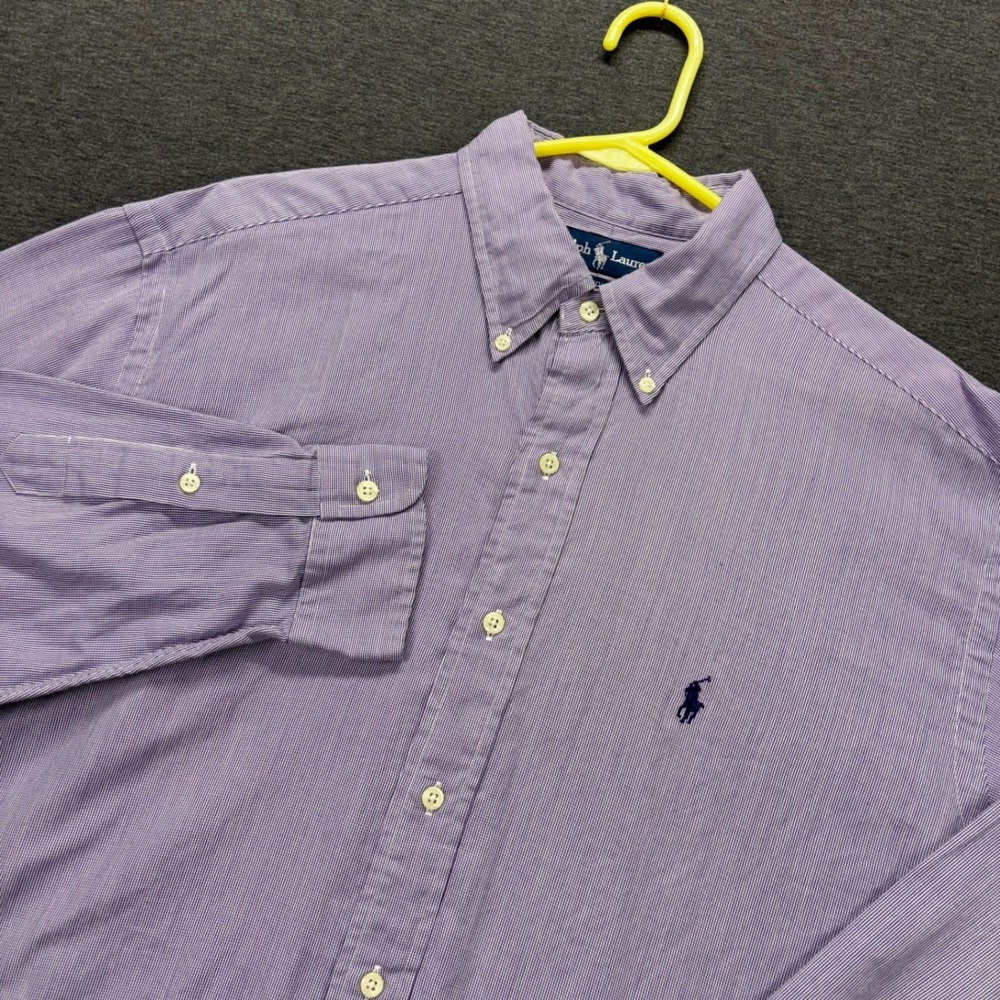 Ralph Lauren Dress Shirt Mens 16.5 34 Yarmouth Cotton Button-Down Purple Stripe‎
